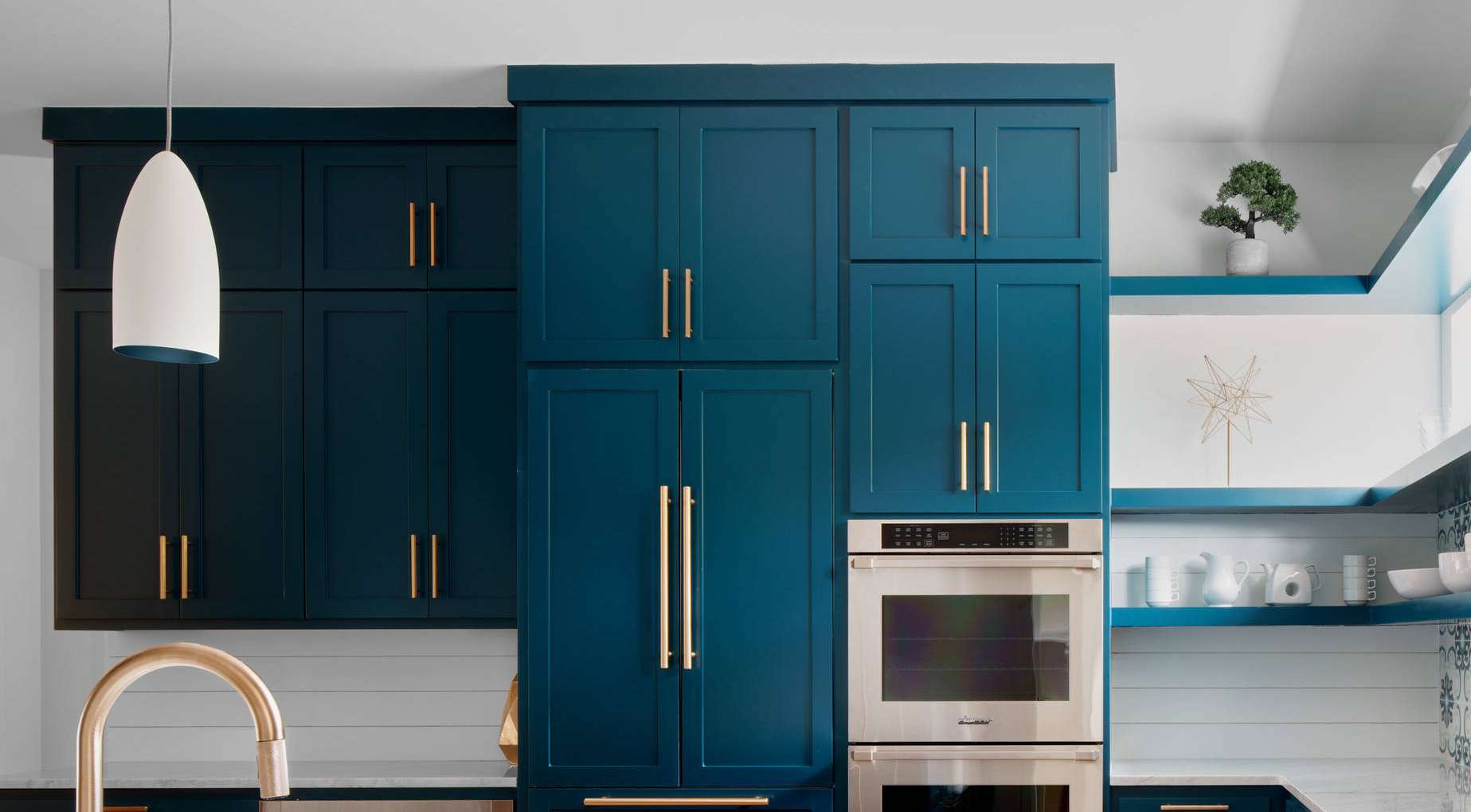 Remarkable Blue Kitchen With Gold Hardware