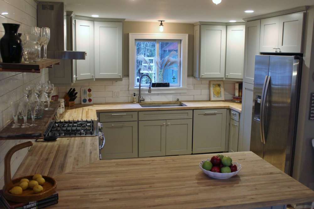 Green Kitchen with Butcher Block Countertops