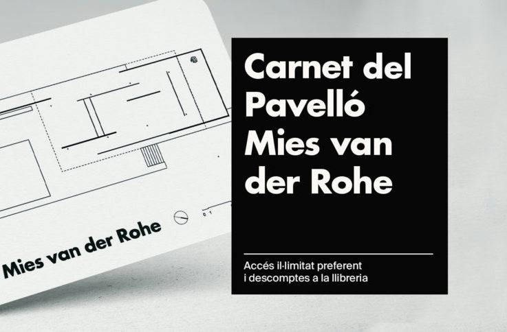 Text reads “Carnet del Pavelló Mies van der Rohe” with architectural line drawing and offer details in Catalan on a black background.