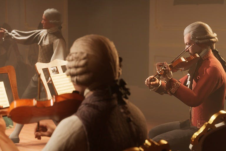 Two men in 18th-century attire, one playing the violin, seated in a dimly lit, ornate room.