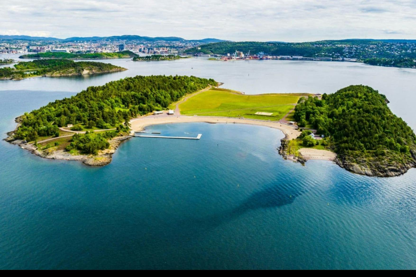 Aerial view of a scenic coastal area with a small bay, green fields, and forests, with a city visible in the background.