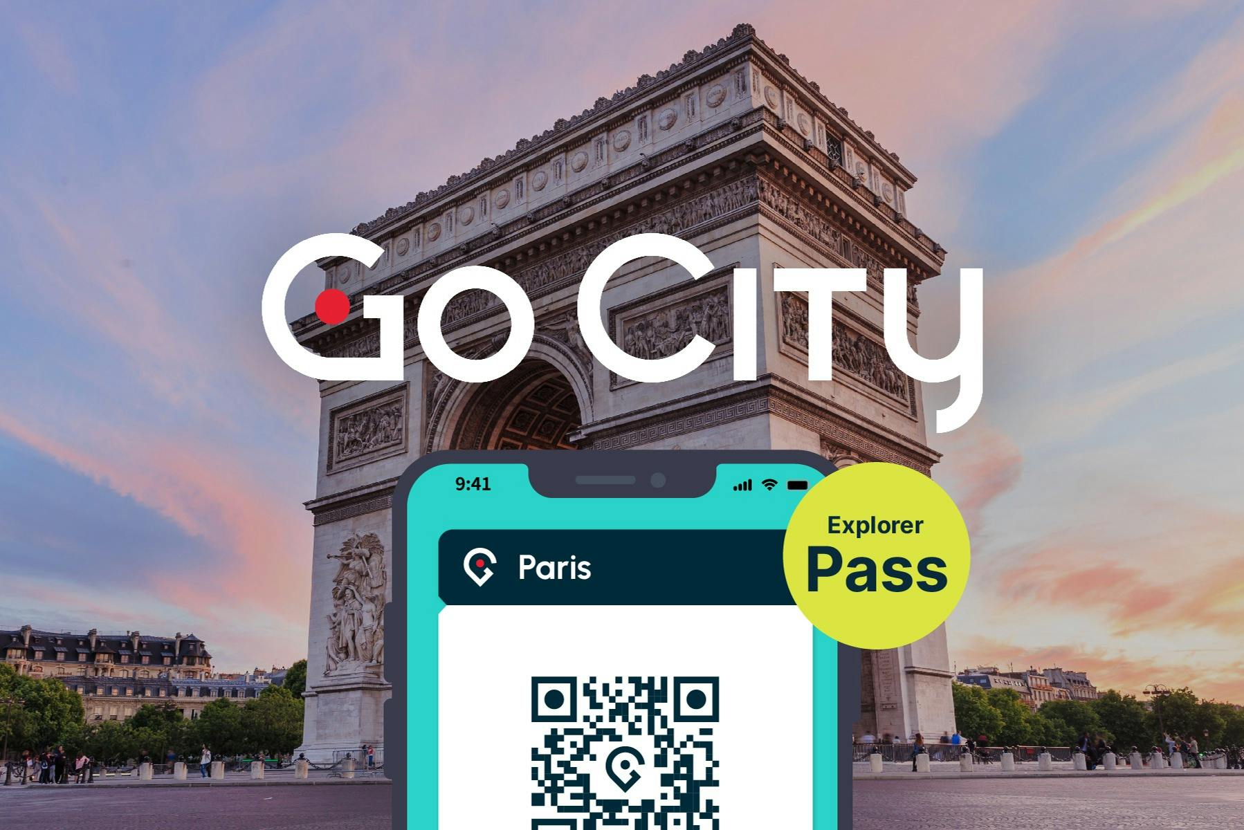 Arc de Triomphe in the background with Go City Explorer Pass logo in front, with graphic of a mobile phone.