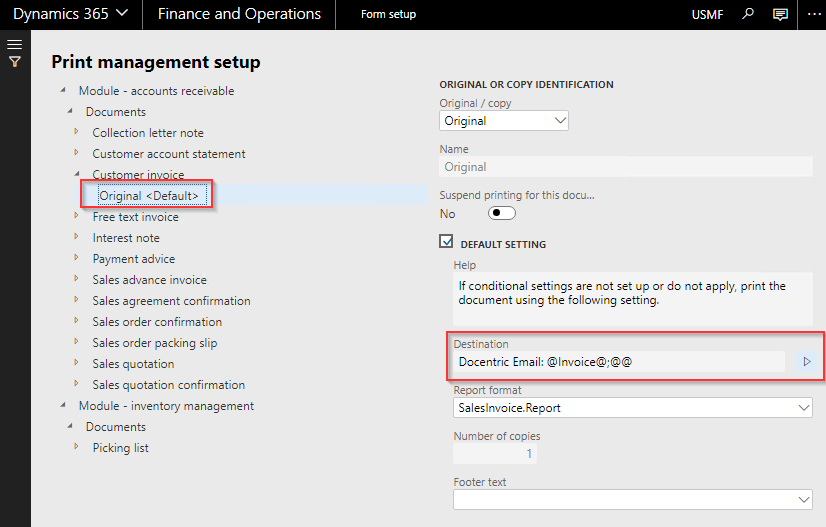 D365FO Print Management settings per module