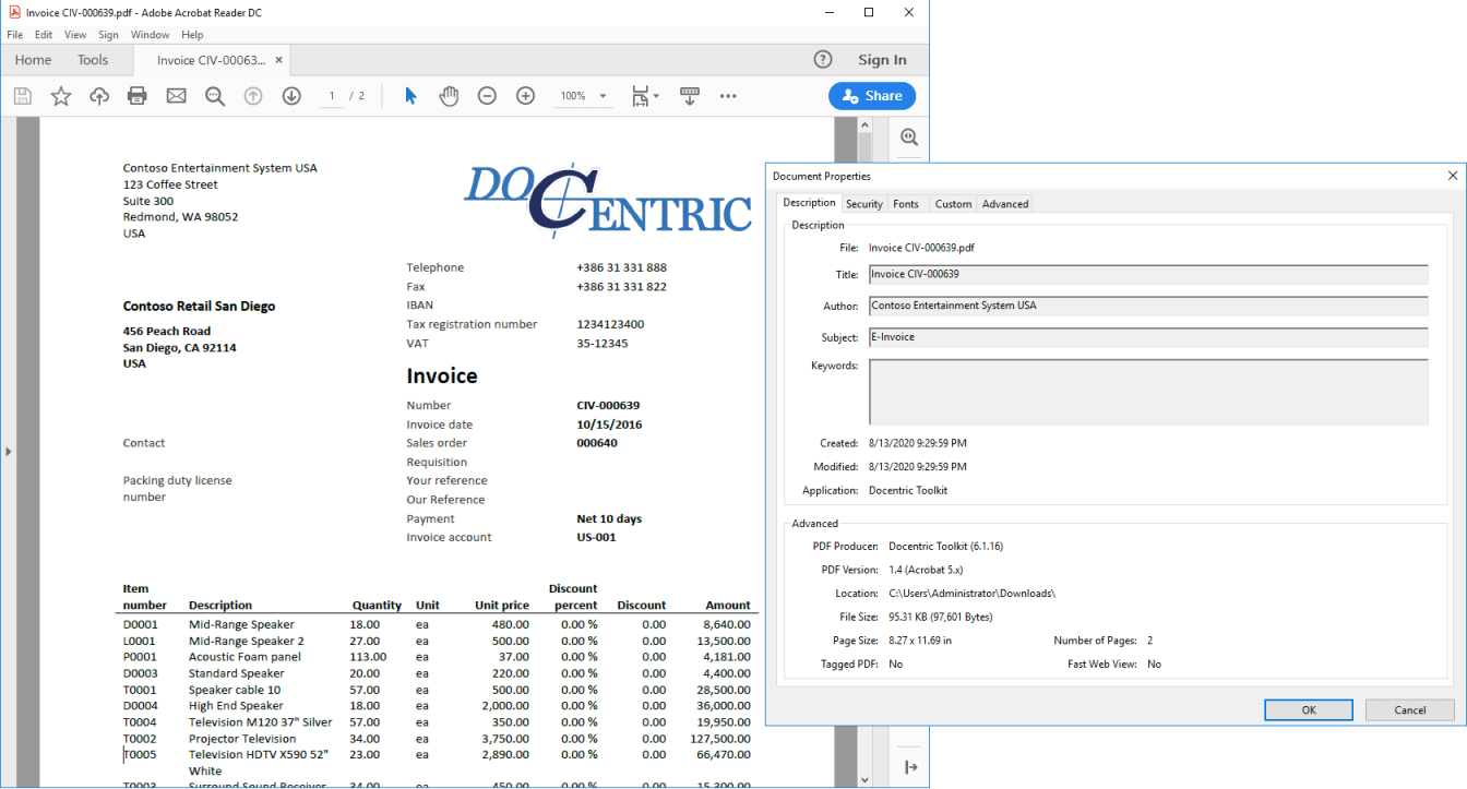 Customize document properties of invoices generated as PDFs in D365FO