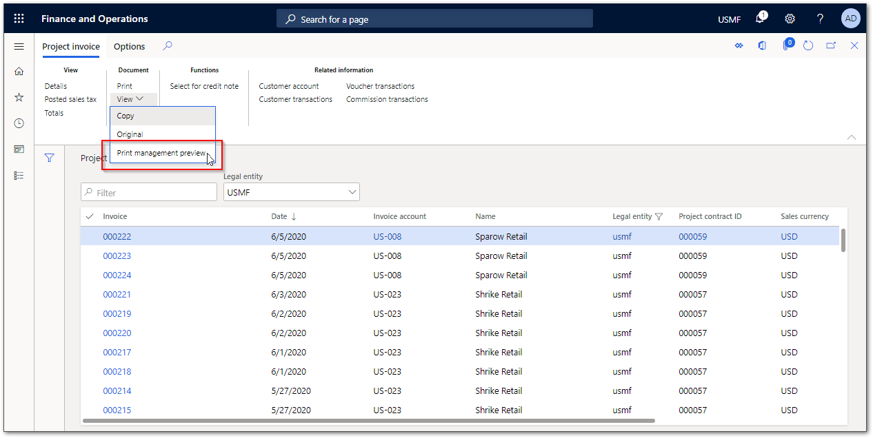 Preview Project Invoices Using Print Management in D365FO