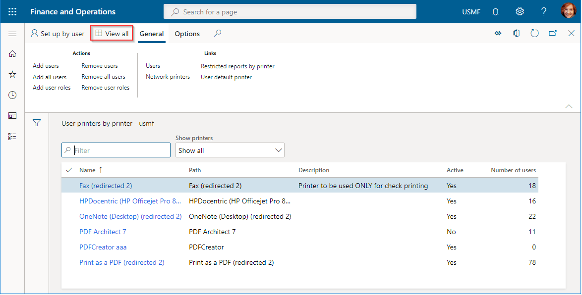 Import/Export User Printers Docentric AX