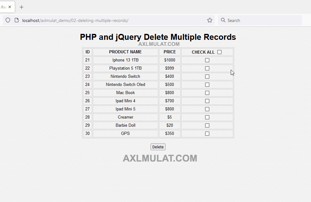 Multiple delete checkbox using php and jquery