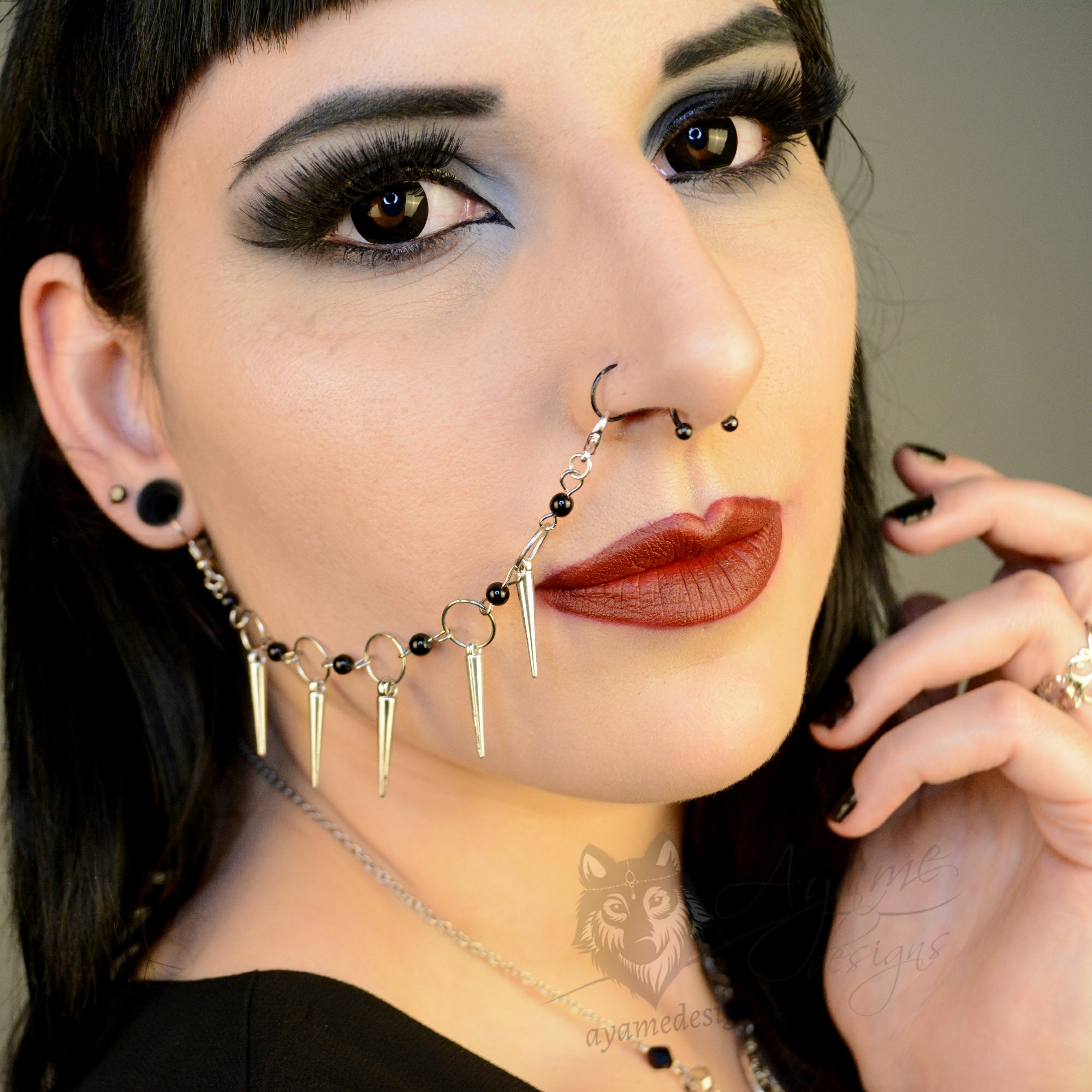 Epic Spiked & Beaded Stainless Steel Nose / Lip To Ear Chain Ayame