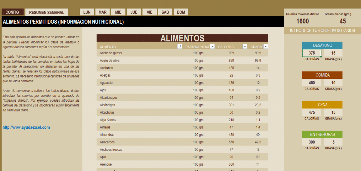 Control de calorías diarias con Excel Ayuda Excel
