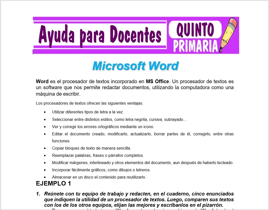 Microsoft Word para Quinto de Primaria Ayuda para Docentes