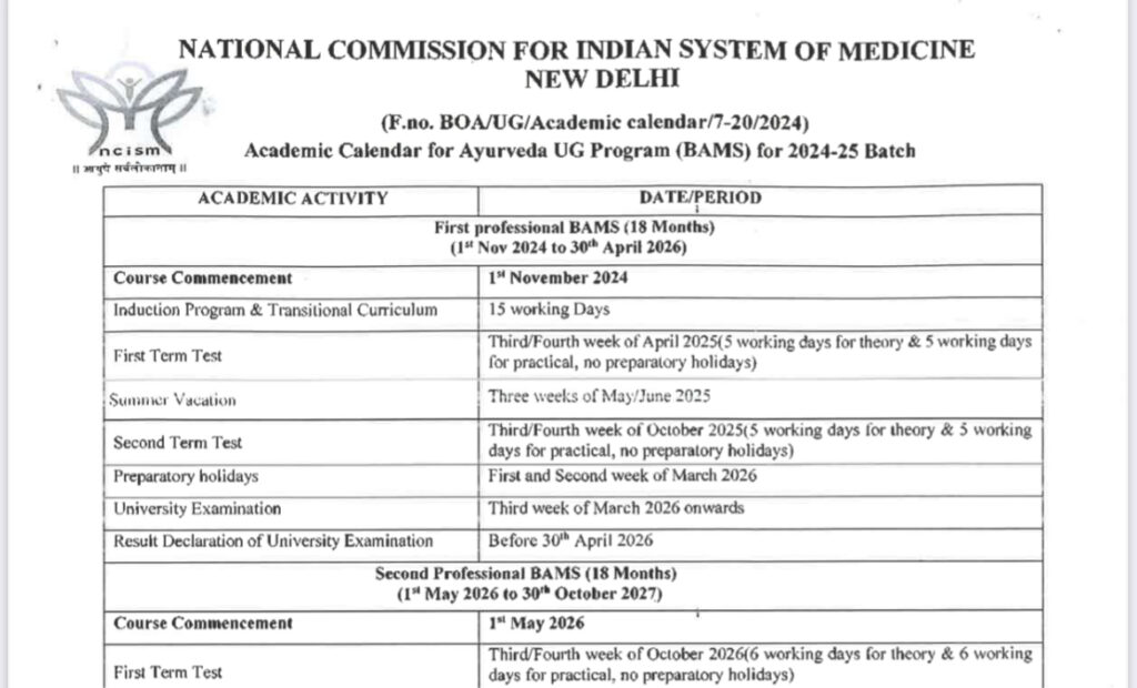 NCISM Academic Calendar for Ayurveda UG Program (BAMS) for 202425 Ayurved Studies