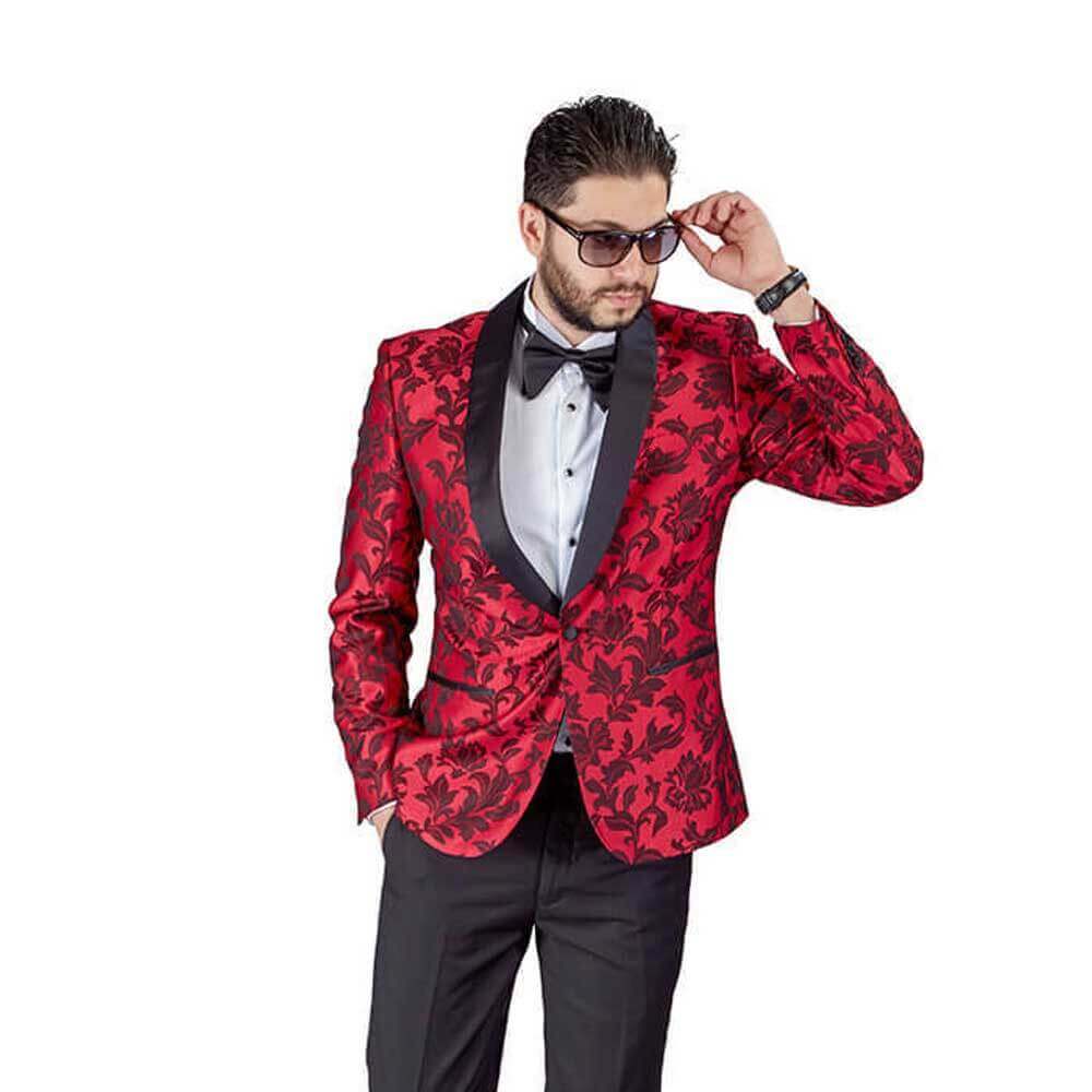 Slim Fit 1 Button Red Shawl Lapel Black Satin Collar Floral Tuxedo