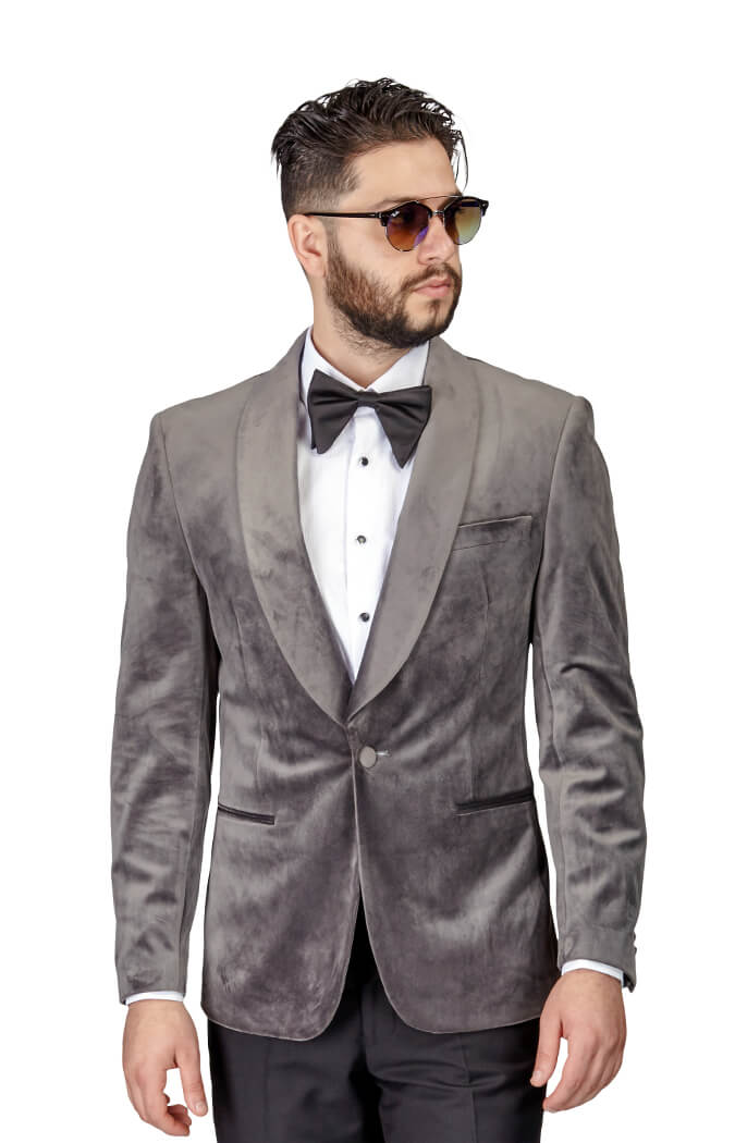 Slim Fit 1 Button Grey Velvet Shawl Dinner Jacket ÃZARMAN