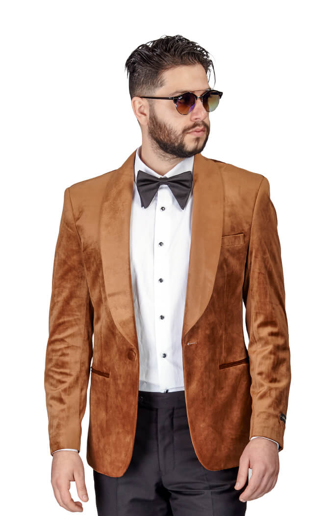 Slim Fit 1 Button Gold Velvet Shawl Dinner Jacket ÃZARMAN