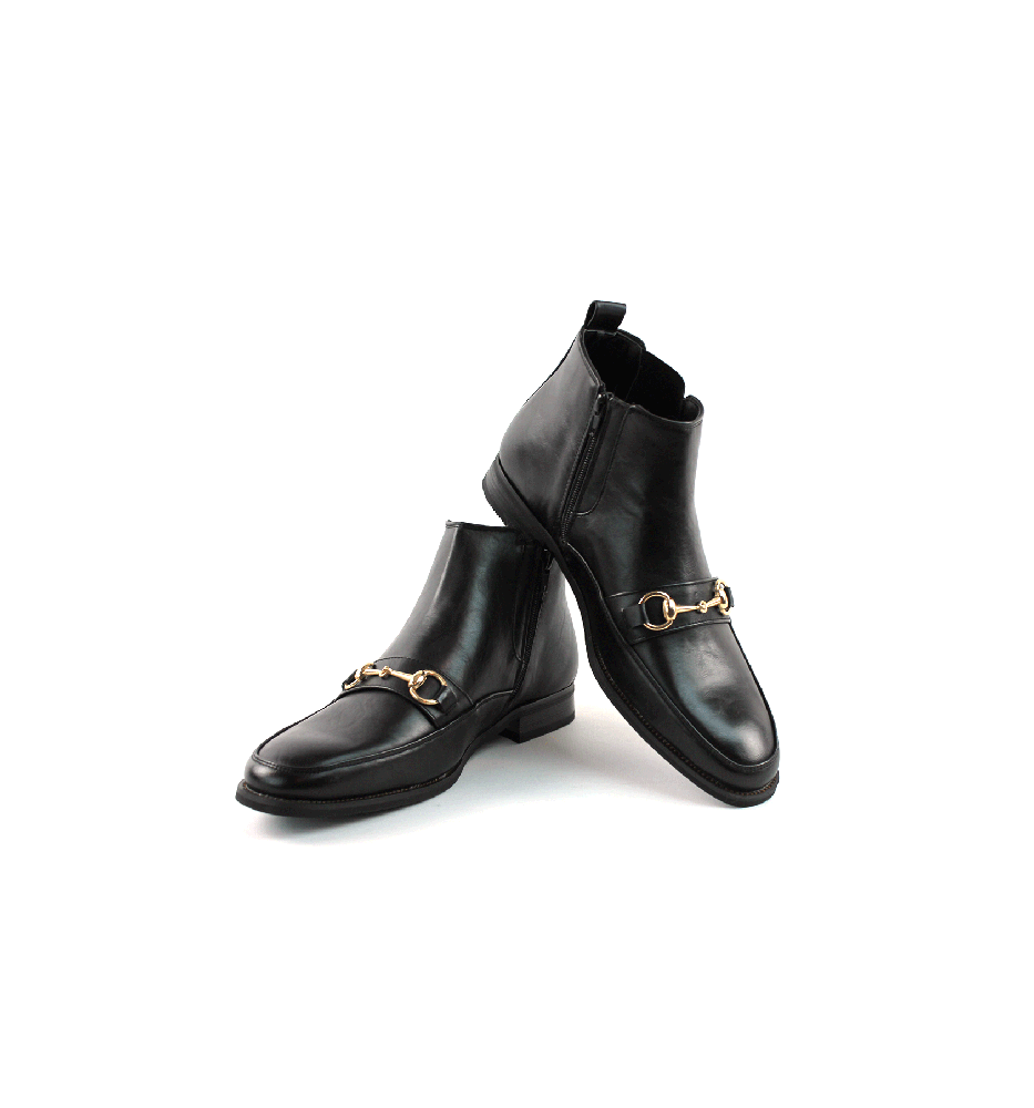 Black Leather Dress Boots With Buckle & Side Zipper Closure ÃZARMAN