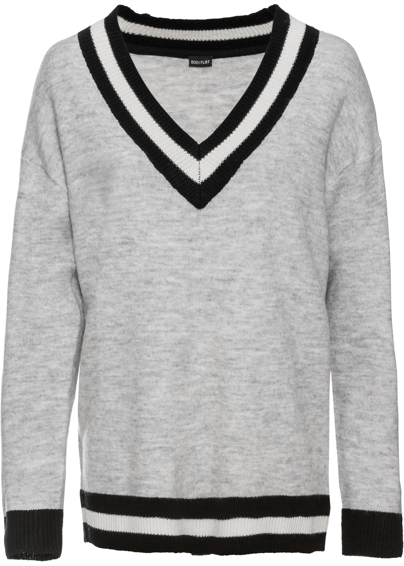 Pullover mit tiefem VAusschnitt Gr. 40 Grau Schwarz Damen Langarm