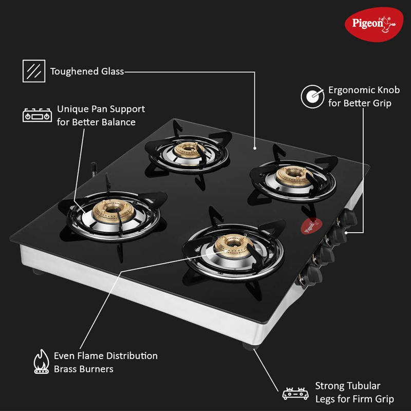 Pigeon 4 Burner Gas Stove with Glass Finishing Surface Azha Pasa
