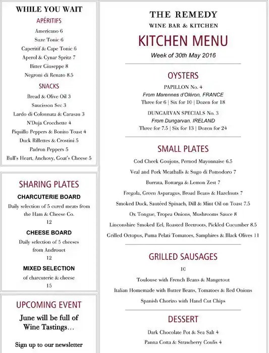 The Remedy Wine Bar and Restaurant Menu Zomato UK