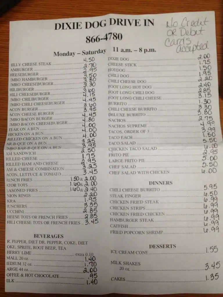 Online Menu of Dixie Dog Drive In Restaurant, Wolfforth, Texas, 79382