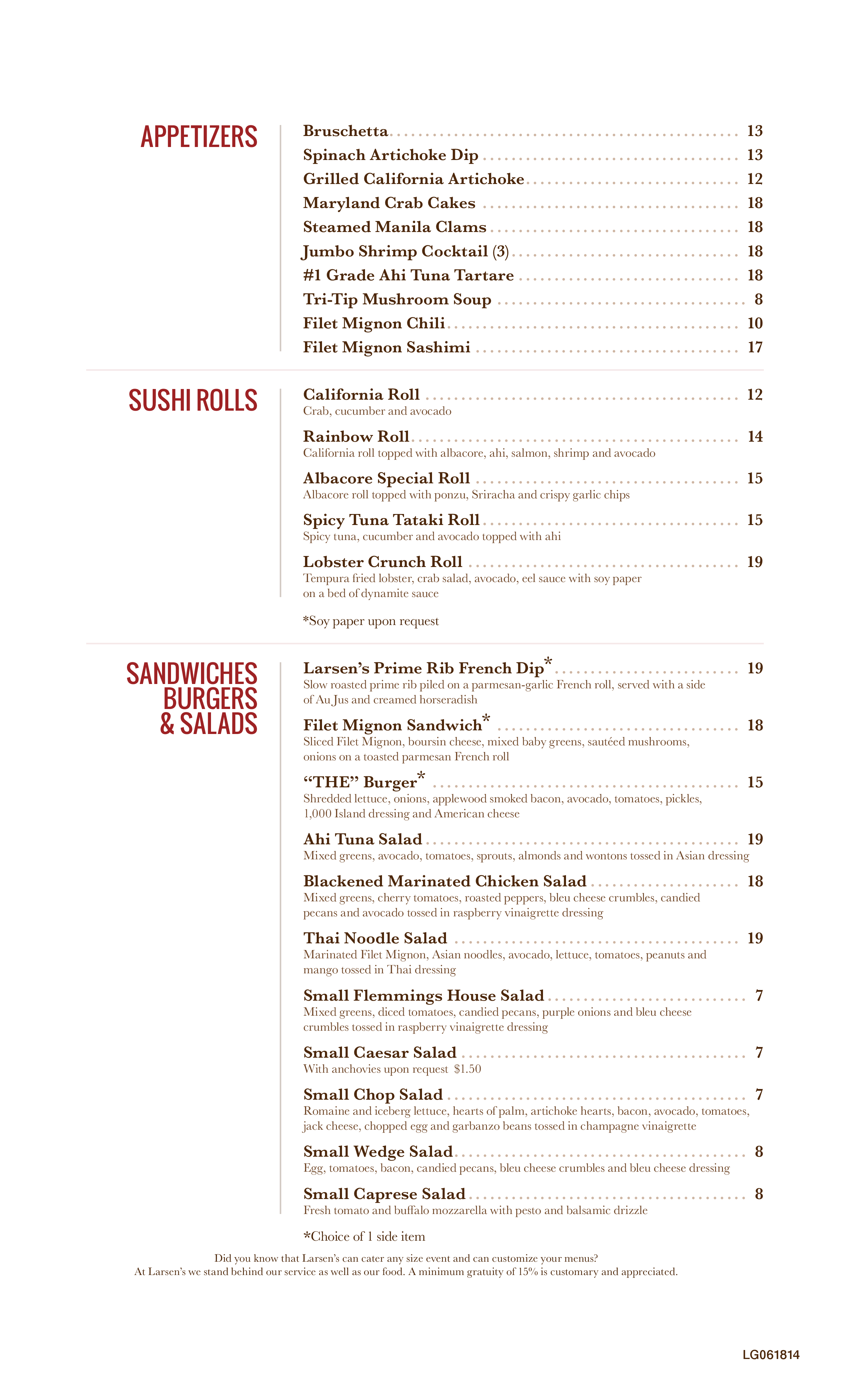 Menu at Larsen's Grill steakhouse, Simi Valley