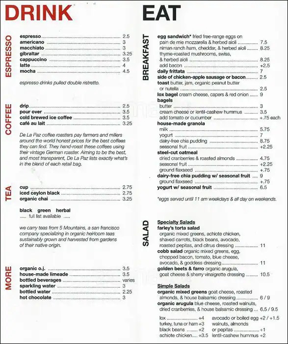 Farley's Menu, Menu for Farley's, Emeryville, Emeryville Urbanspoon