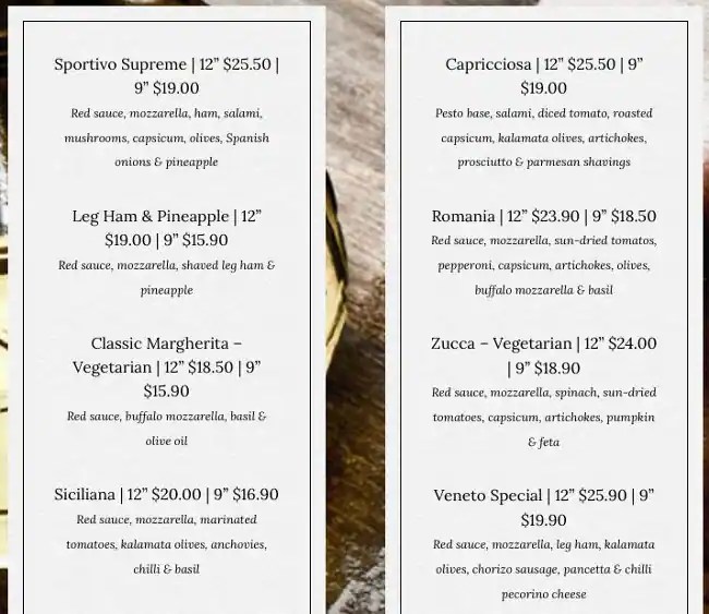 Menu at Sportivo pizzeria, West Lakes