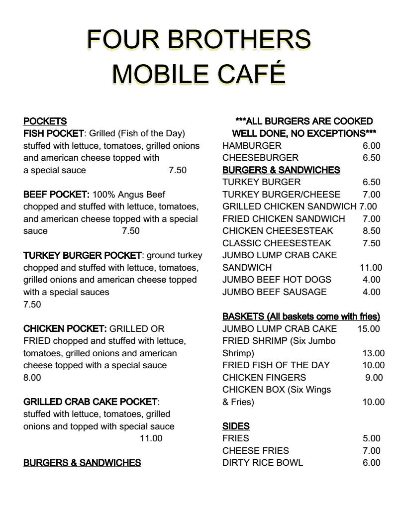 Four Brothers Menu, Menu untuk Four Brothers, Reservoir HillBolton