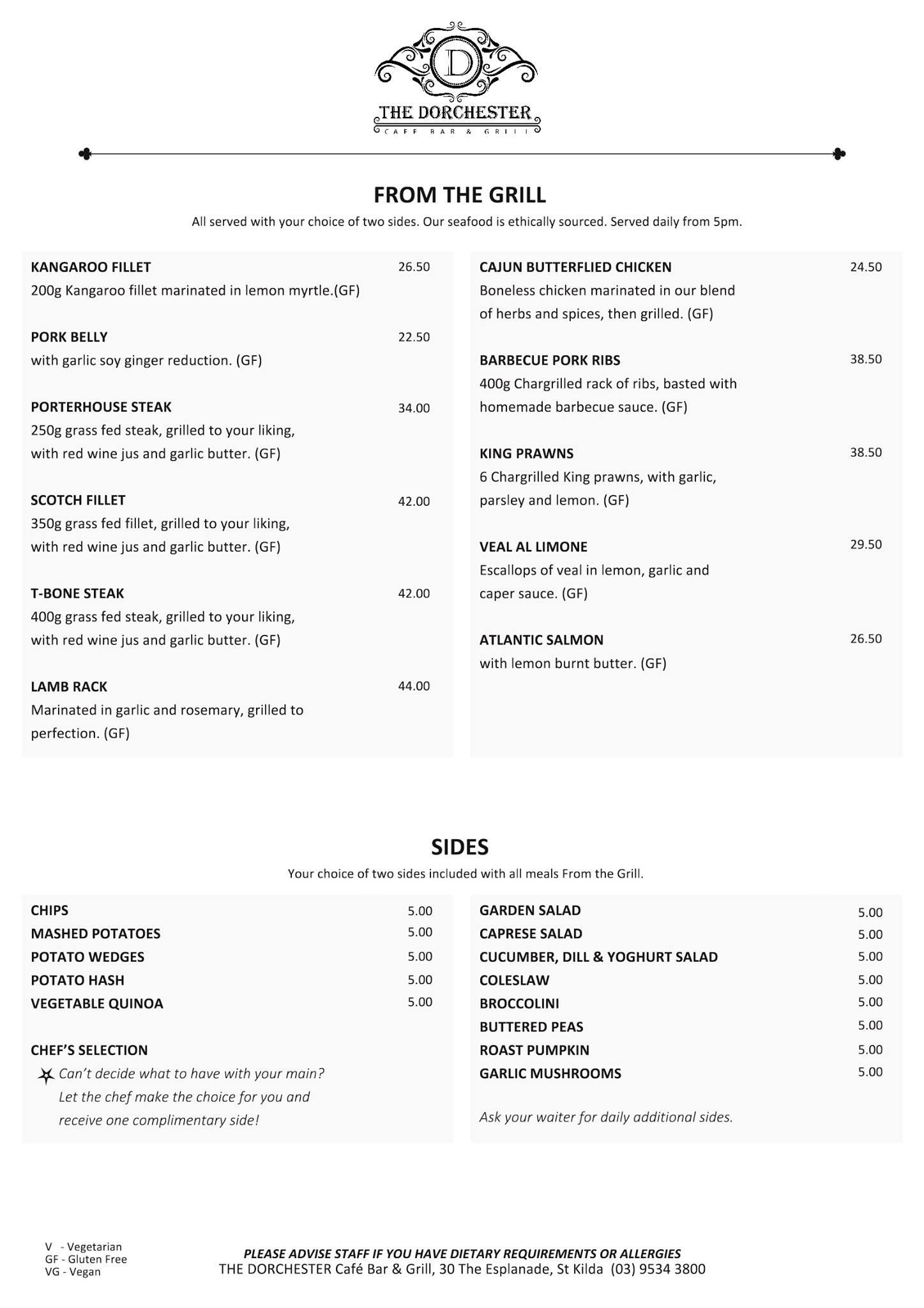 Menu at The Dorchester restaurant, Saint Kilda