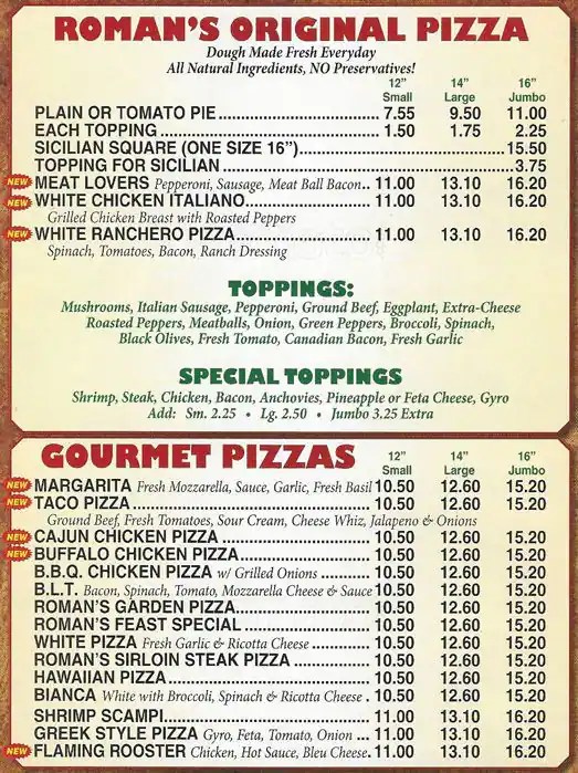 Roman's Pizza Plus Menu, Menu for Roman's Pizza Plus, Roxborough