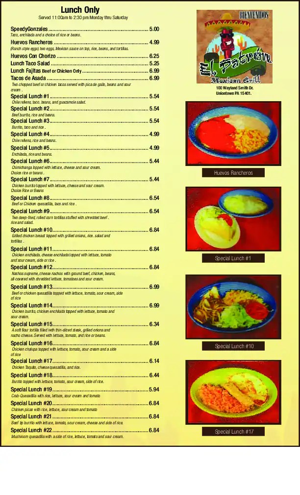Menu at El Patron restaurant, Uniontown