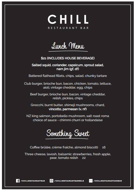 CHILL Restaurant & Bar Menu Urbanspoon/Zomato