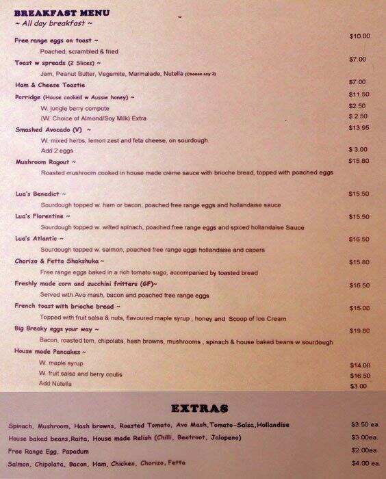 Cafe Lua menu, Menu restauracji Cafe Lua, Carlton, Melbourne