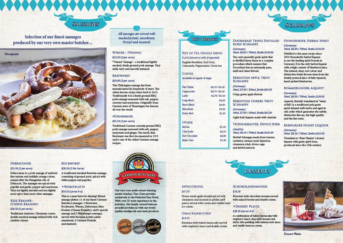 Menu at Hahndorf Inn restaurant, Hahndorf