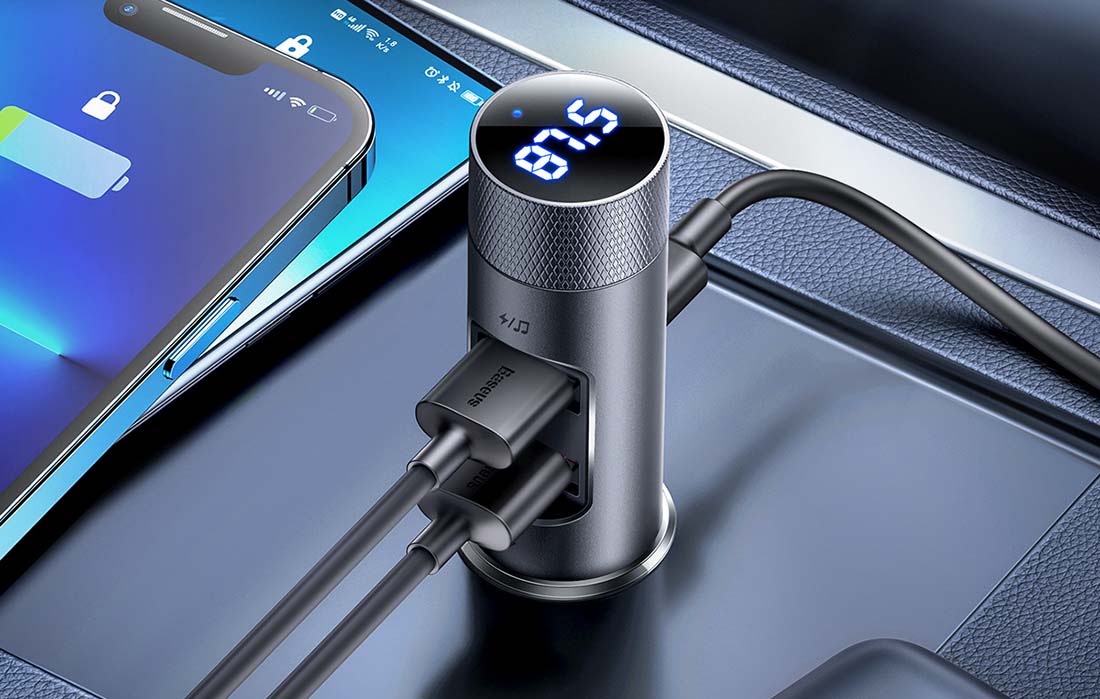 Car charger Baseus Energy Column Pro Car Wireless MP3 Charger, Bluetooth 5.0, 2xUSB, 30W (grey)