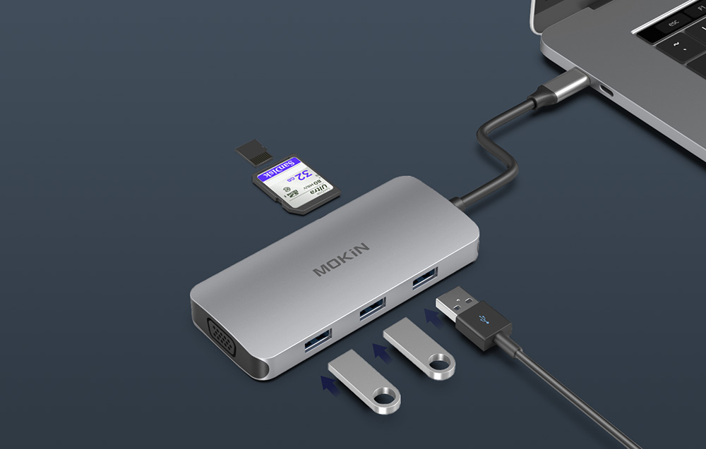 MOKiN 8v1 USB-C adapter na 3x USB 3.0 + HDMI + USB-C + VGA + čitalnik