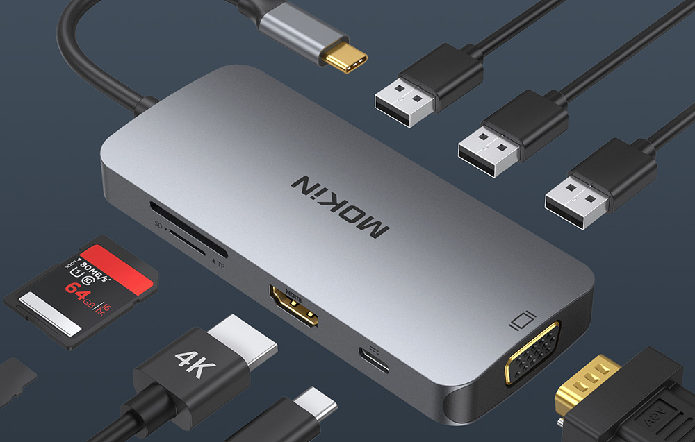 MOKiN 8v1 USB-C adapter na 3x USB 3.0 + HDMI + USB-C + VGA + čitalnik