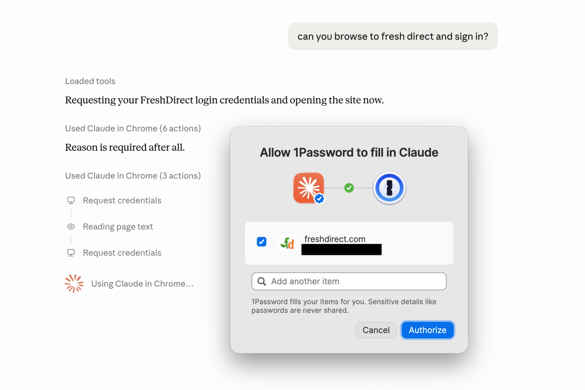 Claude did my FreshDirect shopping, with help from 1Password
