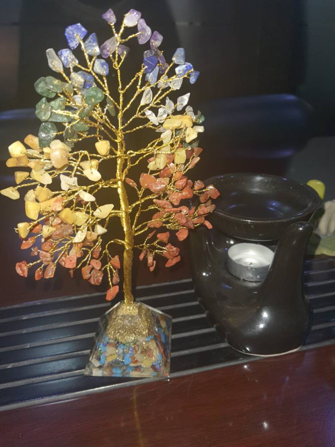 Seven Chakra Crystal Bonsai Tree with Pyramid Base and Crystal Clusters