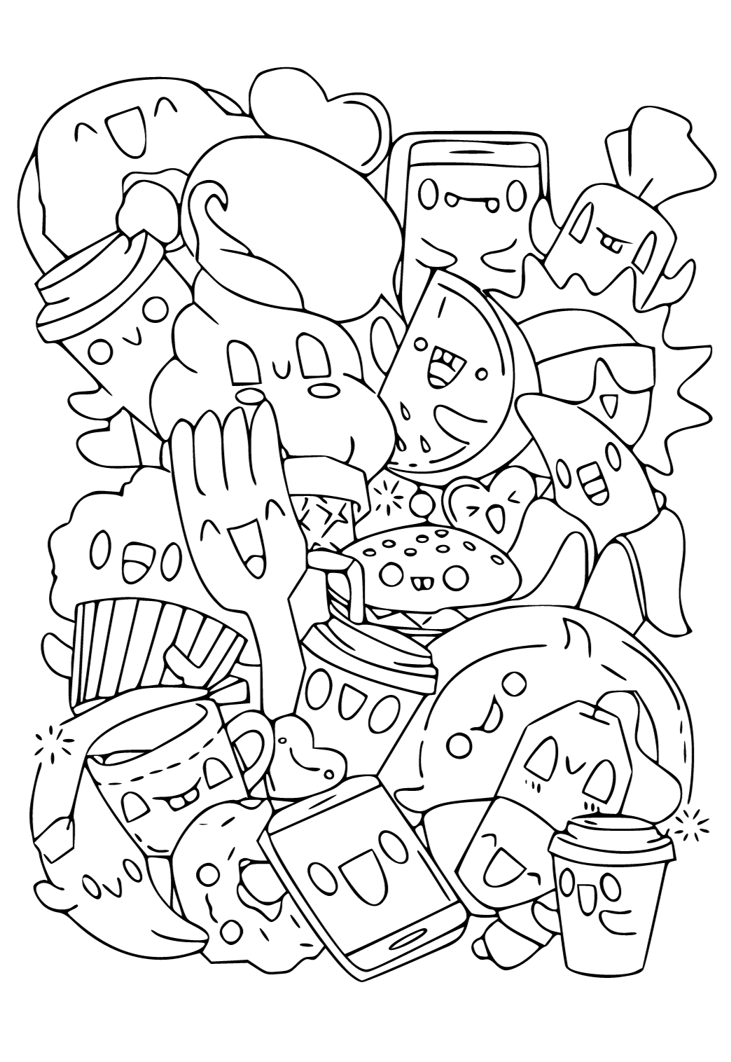 Darmowa Kolorowanka Słodkie Kawaii Dania do Druku dla Dorosłych i