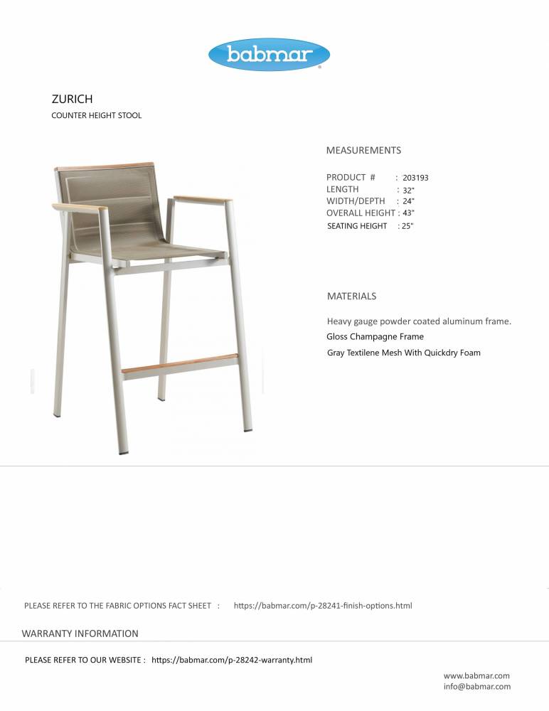 Zurich "Counter Height" Bar Stool QUICK SHIP