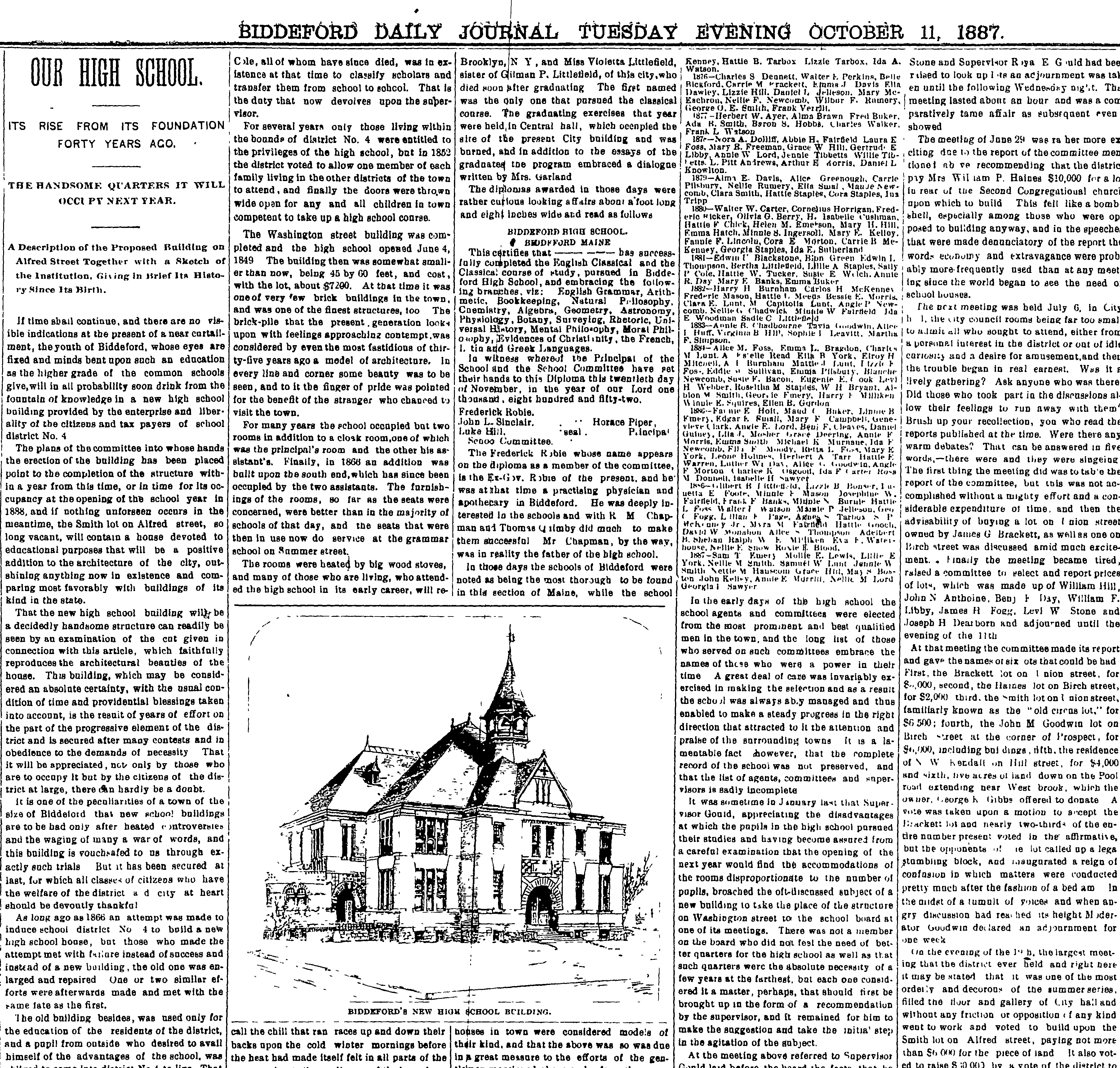 A history of the first two Biddeford high schools (as reported in the Journal in 1887) The