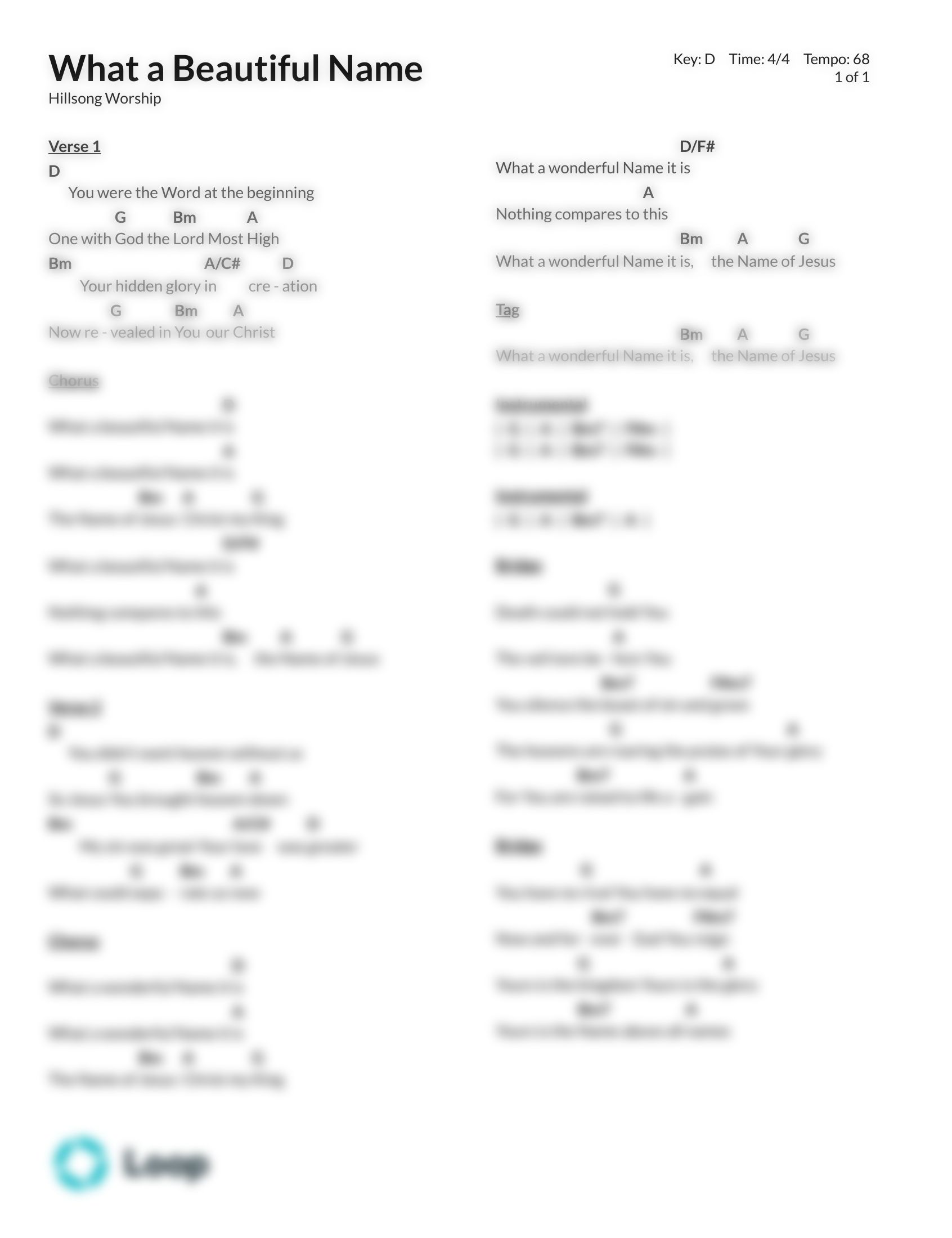 What a Beautiful Name - Chord Chart PDF Descargar | Loop Community