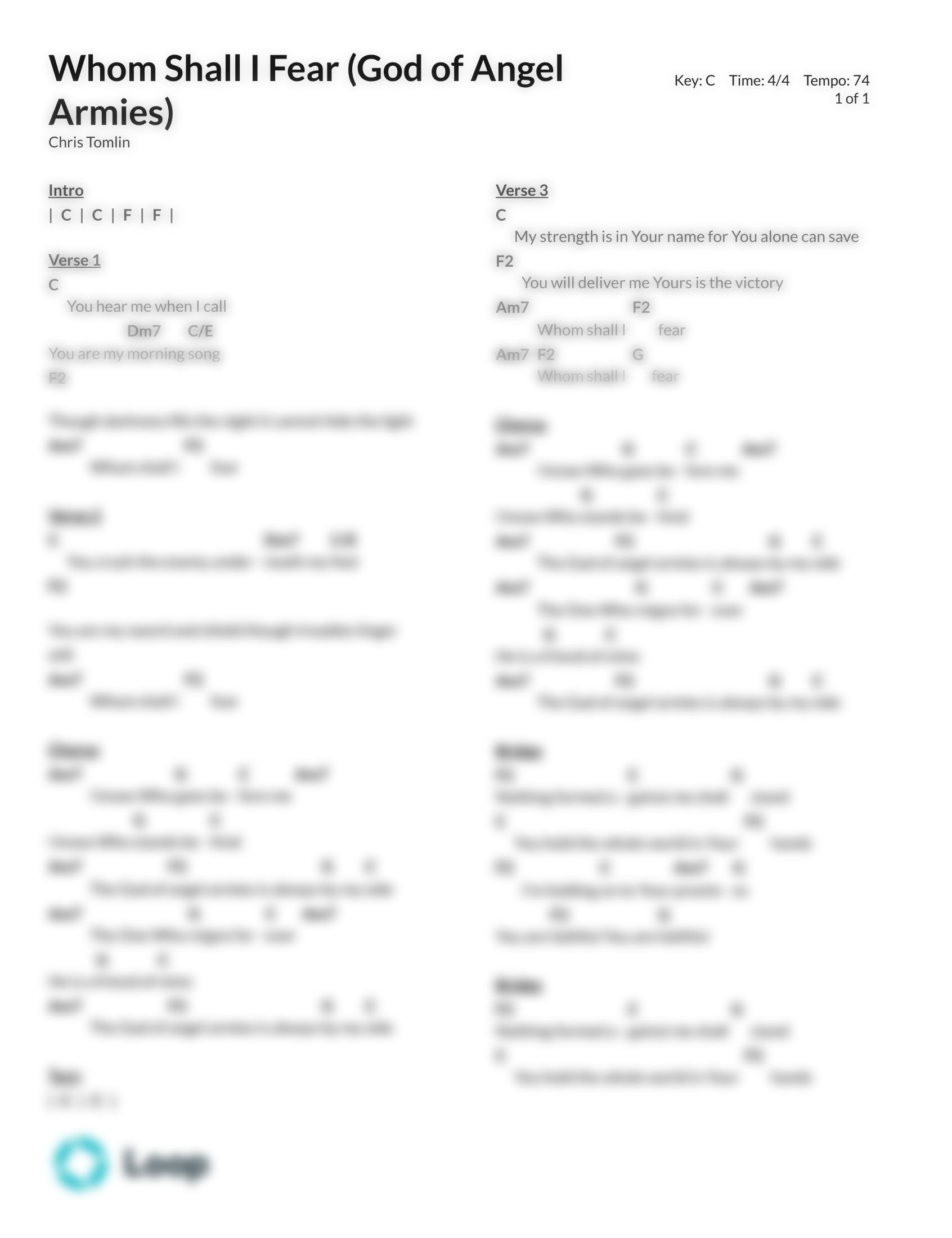 Whom Shall I Fear (God of Angel Armies) Chord Chart PDF Download