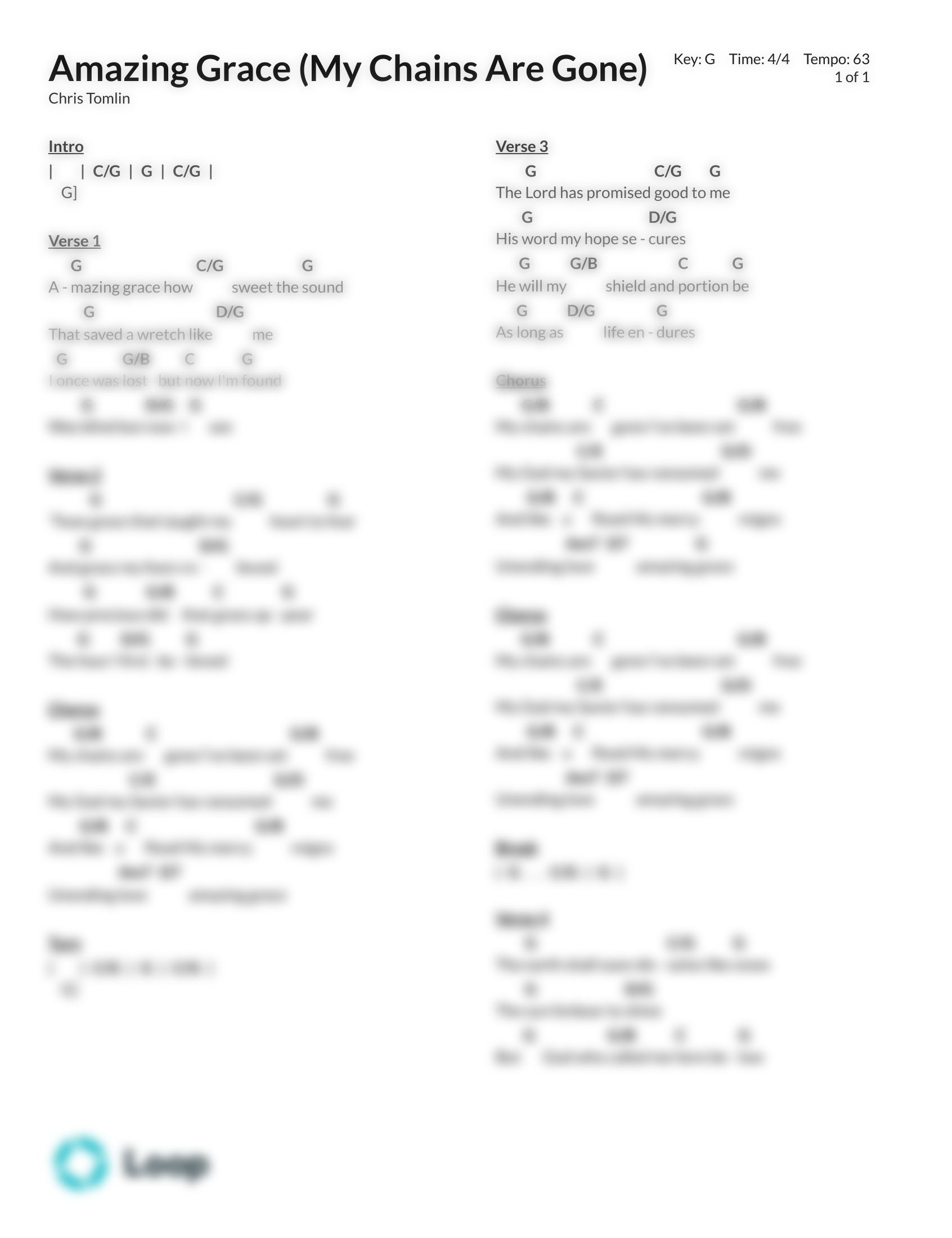 Amazing Grace (My Chains Are Gone) Chord Chart PDF Download Loop