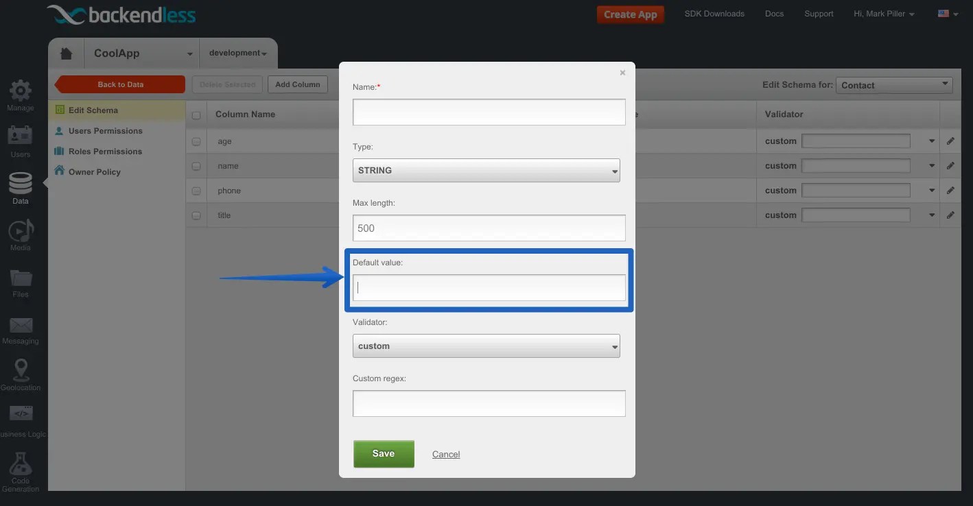 How to Configure the Default Value for a Data Table Column Backendless