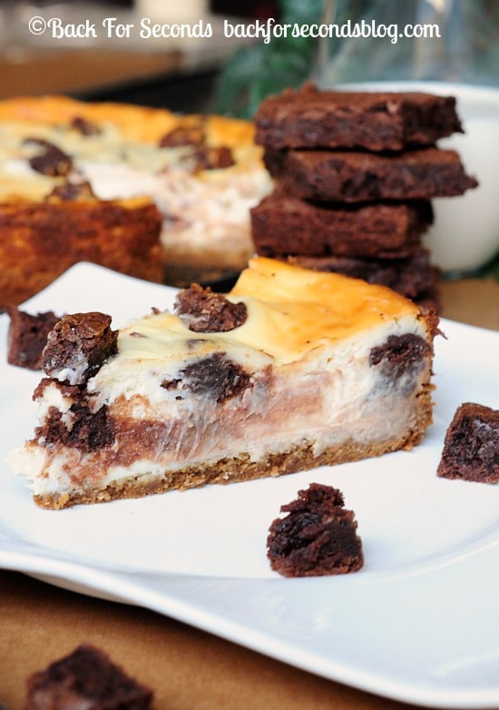 Brownie Stuffed Cheesecake with a Peanut Butter Cookie Crust Back for
