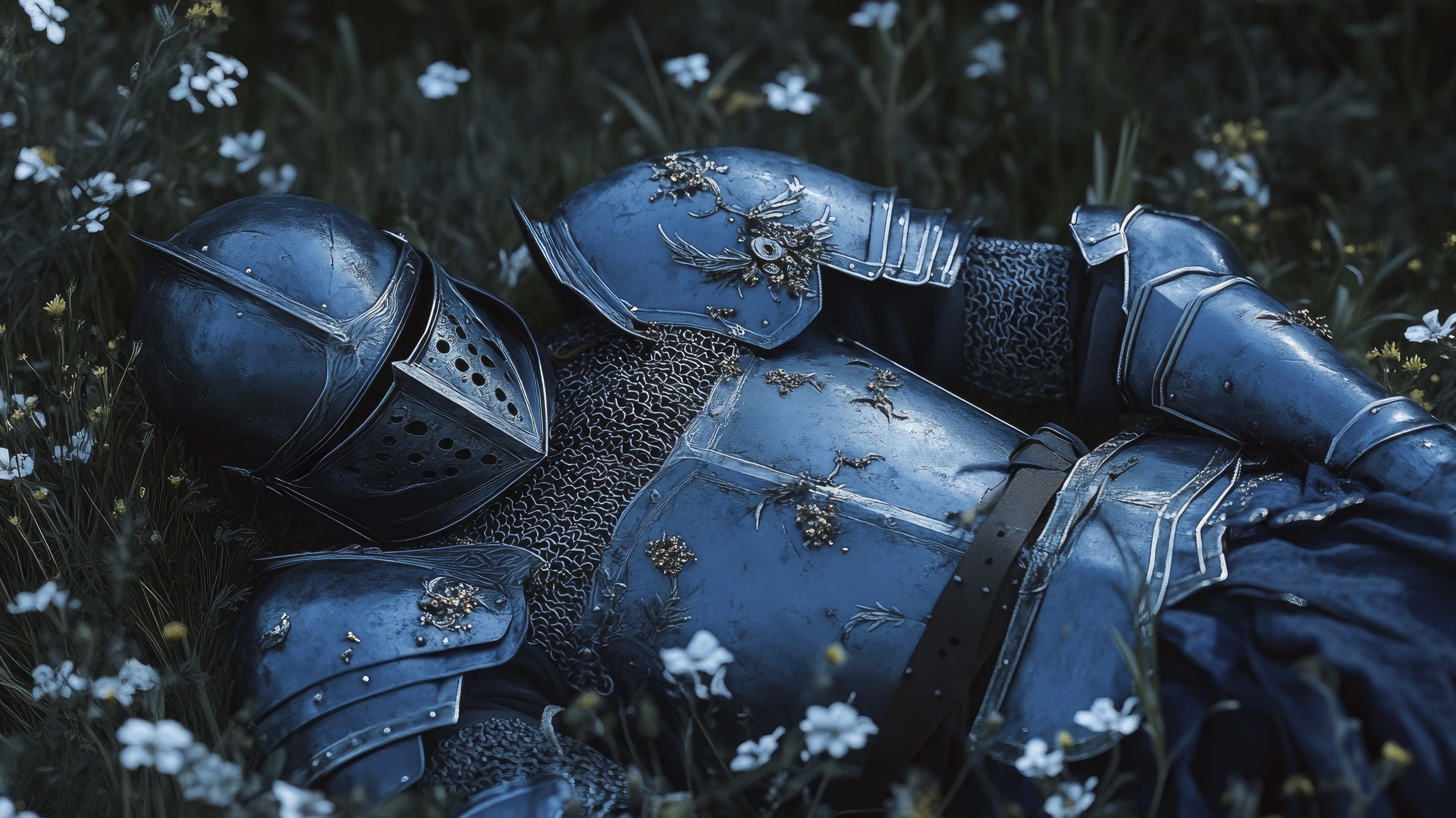 Fallen Moonlit Knight Resting in Wildflower Meadow 4K Fantasy Art backiee