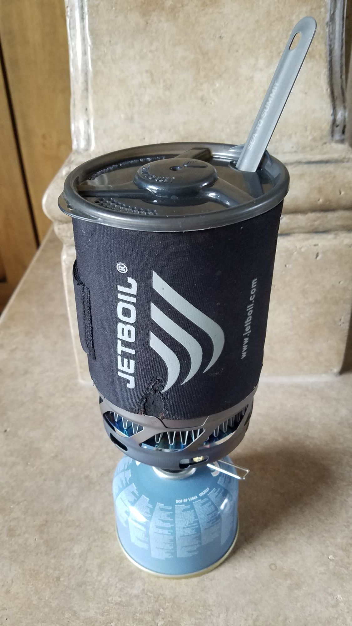 Sterilizing my spoon when boiling water in Jetboil Backpacking Light