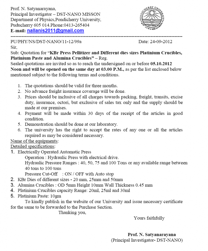 Tenders invited for Lab Equipment Dept. of Physics Pondicherry