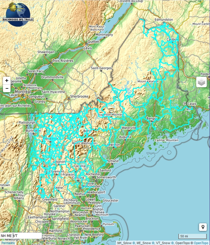 NH ME & VT Snowmobile Trail Map for Garmin Backwoods GPS Trails